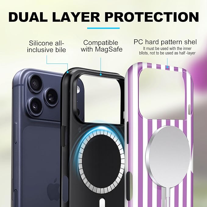 Magnetic for iPhone 17 Pro Case Cute Stripes Phone Case, Shockproof Slim TPU and Hard PC Protective Phone Cover Compatible with MagSafe Designed for Women Girls, Purple