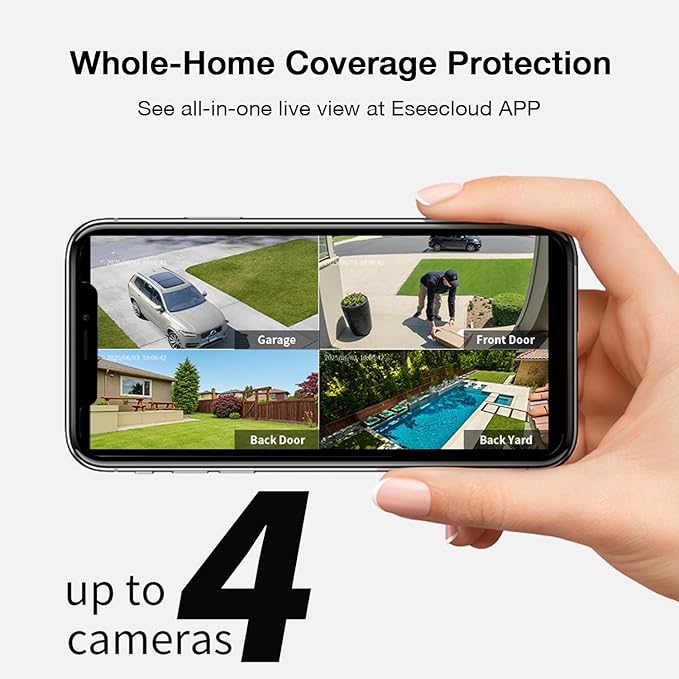 ELYSOO Solar Security Cameras Wireless Outdoor, 64GB Local Storage Included, 2K/4MP Home Security Camera System, 4-Cam Kit, 2.4G & 5GHz WiFi, PIR Motion Detection, 360° View