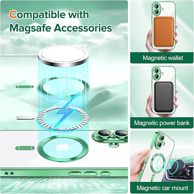 Hython Magnetic Clear for iPhone 17 Case with Camera Lens Protector [Compatible with MagSafe] Luxury Plating Edge Slim Soft TPU Cover Protective Phone Case for iPhone 17 6.3", Light Green