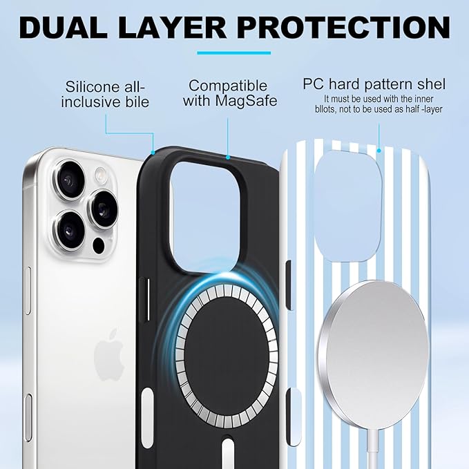 Magnetic for iPhone 15 Plus Case Cute Stripes Phone Case, Shockproof Slim TPU and Hard PC Protective Phone Cover Compatible with MagSafe Designed for Women Girls, Blue and White