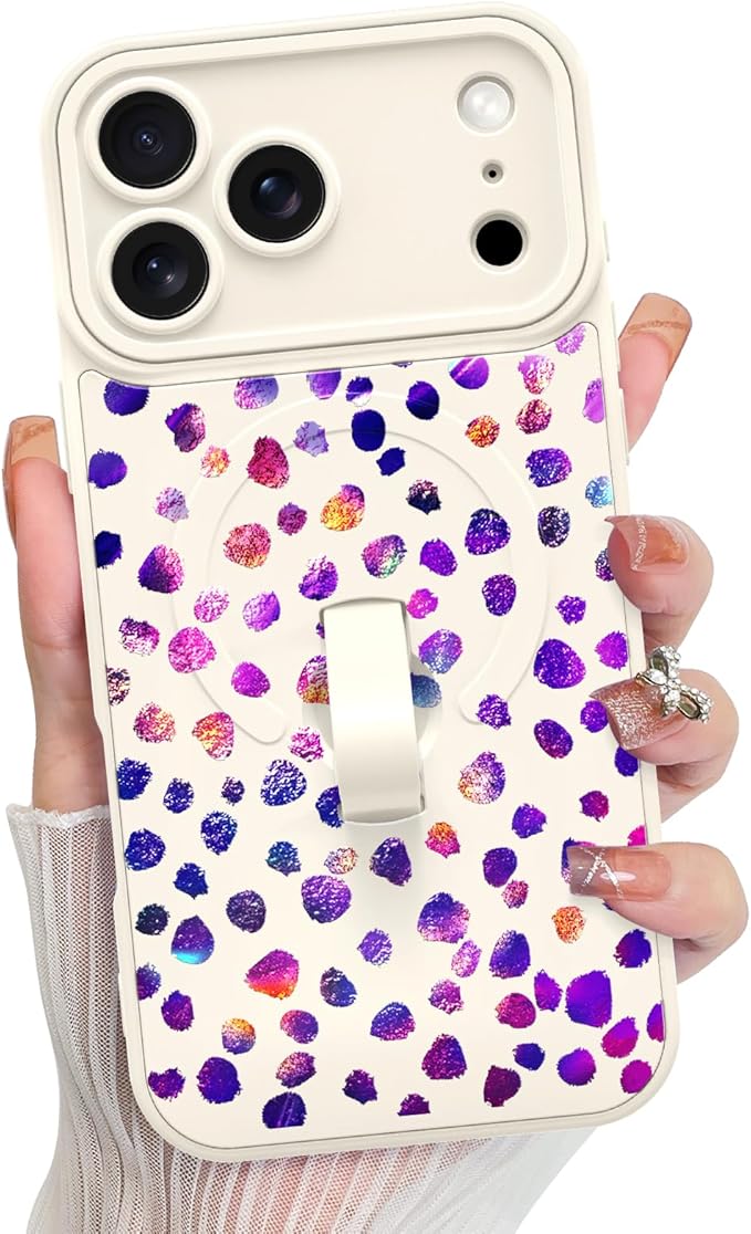 KANGHAR Compatible with iPhone 17 Pro Case, Support for MagSafe, Silicone Cute Iridescent Pattern Leopard Print Cheetah, Wristband Kickstand Shockproof Soft Slim Cover for Girls Women, White