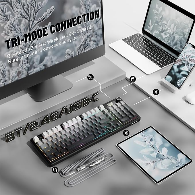 ATTACK SHARK X98PRO Wireless Mechanical Keyboard,Multi-Function Knob&TFT Screen,Tri-Mode BT/2.4G Hz/USB-C Wired Keyboard,Hot-Swappable RGB Backlit,4000mAh Cloud Drive,for Win/Mac/Linux-Moonlit Night