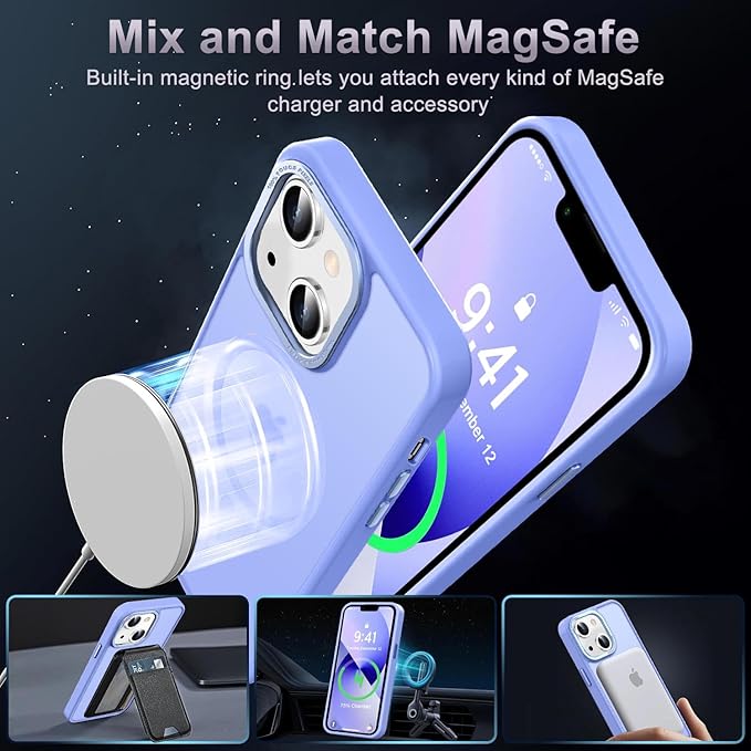Newfuture Designed for iPhone 13 Case & iPhone 14 Case with Magnetic [13 FT Military Drop Protection] [Compatible with Magsafe] Translucent Shockproof with Anti-Fingerprint Phone Case, Light Purple