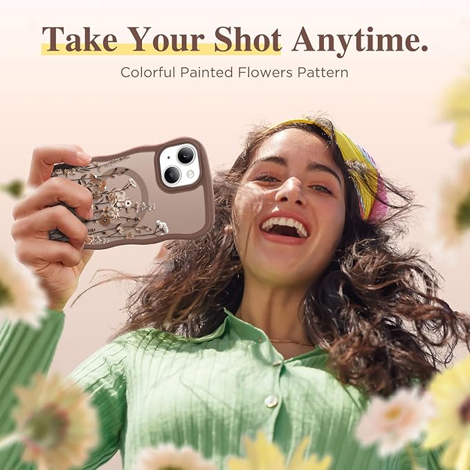 GVIEWIN Cute for iPhone 14 Case & iPhone 13 Case [Compatible with MagSafe] [Curly Wave Edge] Floral Translucent Magnetic Shockproof Protective Phone Cover for iPhone 14/13 6.1'', Floratopia/Brown