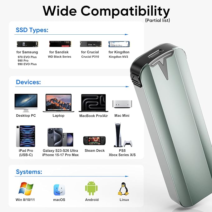 NVMe Enclosure, M.2 SATA SSD Case, PCIe Gen 4x4 10Gbps External Aluminum Adapter, Heatsink Pad Included Tool-Free for M & M+B Key and Size 2230/ 2242/ 2260/ 2280 SSDs