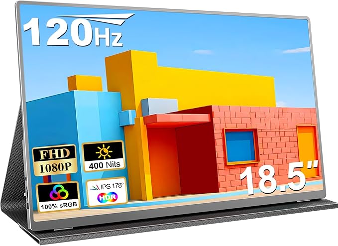 COOLHOOD 18.5 Inch Portable Monitor, FHD 120Hz IPS HDR 125% sRGB USB-C HDMI External Travel Monitor with Built-in Speakers, VESA Compatible for Laptop MacBook PC Surface PS5 Xbox