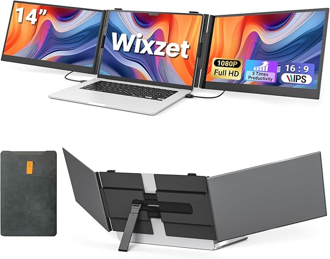 14" Triple Laptop Screen Extender, Ultra-Thin FHD 1080P Portable Monitor, 2.2lbs Lightweight Plug & Play Travel Monitor for 13"-17" Laptops, Compatible with Windows/Mac/Android/Chrome