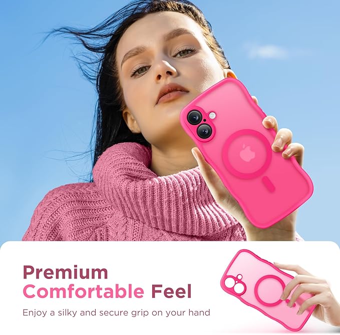 CAPRARO for iPhone 16 Case for Women Girls, Upgraded [Full Camera Protection] [Compatible with MagSafe] Cute Wave Translucent Matte Phone Case for iPhone 16, Hot Pink