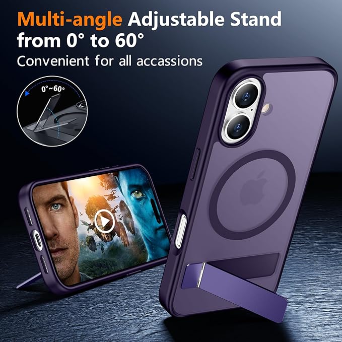 SPIDERCASE Magnetic for iPhone 16 Case,with [3 Stand Ways] [Military Grade Drop Protection] with Invisible Stand Shockproof Slim Phone Case for iPhone 16 6.1'',Purple