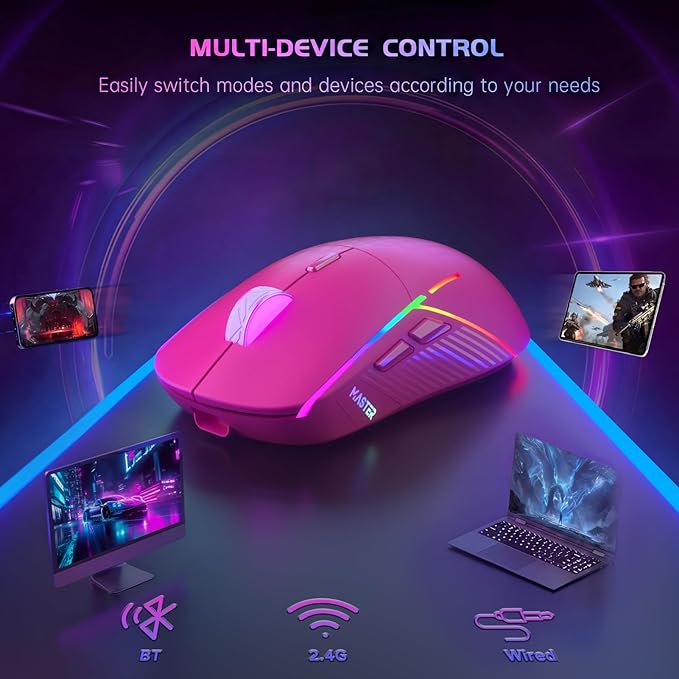 FFJ Wireless Gaming Mouse, 24000 DPI, Tri-Mode 2.4G/USB-C/Bluetooth 5.3 Gaming Mouse Wireless, RGB Programmable Mouse Gamer, 75Hrs Battery Life, Rechargeable Gaming Mice for PC, Mac, PS5, Xbox-Magenta