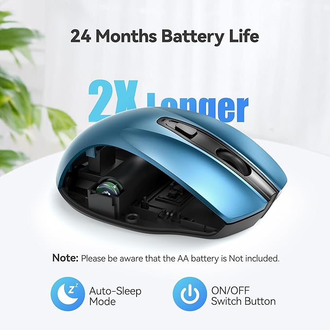 TECKNET Wireless Mouse, 2.4G Ergonomic Optical Mouse, Computer Mouse for Laptop, PC, Computer, Chromebook, Notebook, 6 Buttons, 24 Months Battery Life, 2600 DPI, 5 Adjustment Levels - Azure