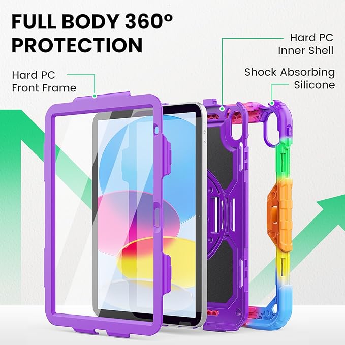SEYMAC Case for iPad (A16) 11th/10th Generation 2025/2022 (11″/10.9″), Heavy Duty Full-Body Shockproof Protective Case with Screen Protector, Rotating Stand, Hand/Shoulder Strap, Colorful/Purple