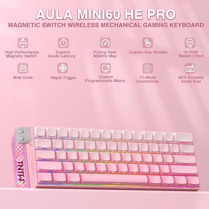 Aula MINI60 HE PRO Wireless Gaming Keyboard 60%,Hall Effect Rapid Trigger Magnetic Keyboard,8000Hz Polling,Tri-Mode(BT5.0/2.4GHz/USB-C),RGB Hot Swappable Compact Pink Mechanical Keyboard for Gamer