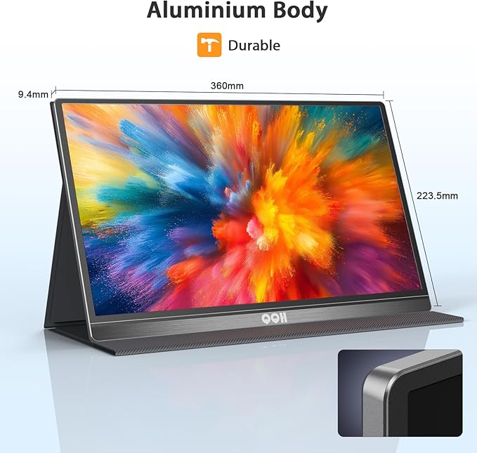 QQH Portable Monitor, 15.6 Inch FHD 1080P USB C HDMI Alloy Travel Monitor for Laptop with Smart Cover & Built-in Speaker, Plug & Play Ultra Slim Second Monitor for Laptop PC Phone Mac
