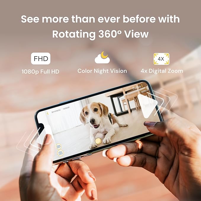 Furbo 360° Dog Camera: Pet Security Cam w/Barking Alerts, Rotating View, Treat Toss w/Phone App, Smart Home Puppy Monitoring, 2-Way Speaker, No Subscription Needed. Standard See, Talk, & Toss Features