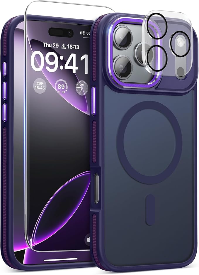 Magnetic 3 in 1 for iPhone 17 Pro Case, [Omni-Directional Protection] with 1x Screen Protector + 1x Camera Cover, [Seamless Work with Magsafe] Shockproof Slim Thin Matte Case for iPhone 17 Pro Purple