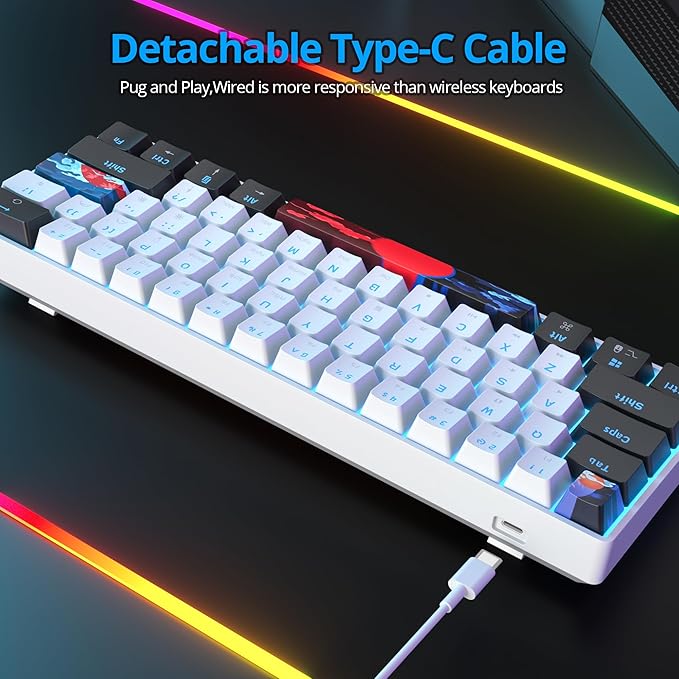Protable 60% Percent Gaming Keyboard Mechanical, Mini Compact Ice-Blue LED Backlit 61 Keys Wired Office Keyboard with red Switch for Mac/Win/PS4/PS5（61White/red Switch）