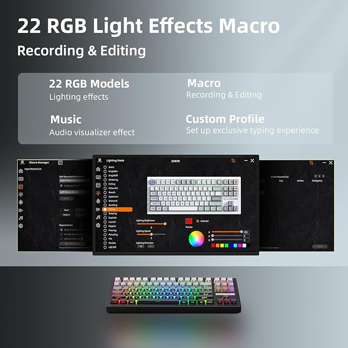 ZORNHER ZH870 Wireless Mechanical Gaming Keyboard,80% Black Custom Creamy Sound Keyboard with Shine Through PBT Keycaps,Pre-lubed Linear Switches,Hot-Swappable,RGB Backlit,2.4GHz/USB-C/BT5.0