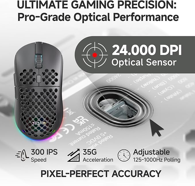 TMKB Wireless Gaming Mouse, 24000DPI Optical Sensor, 180Hrs Battery, Lightweight, 6 Programmable Buttons, RGB Strip, 2.4G/BT5.2/USB-C Wired for PC/Mac/Laptop - Matte Black