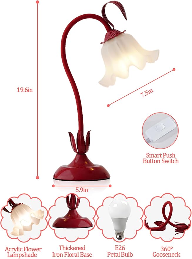 AQDZCNF Flower Table Lamp,LED Reading Light Bedside Vintage Flower Night Light,3 Colors Modes Kawaii Bedside Lamps Decor,Living Room Bedroom Room Lighting Table Lamps Home Decoration (Red)