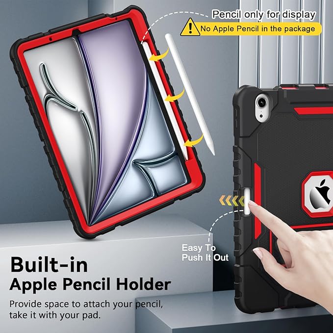 Grifobes Case for iPad Air 11-inch (M4/M3/M2) 2026/2025/2024, for iPad Air 5th/4th Generation 2022/2020 10.9", Heavy Duty Rugged Cover with Stand/Pencil Holder for i Pad Air 5 4 Gen(Black+Red)