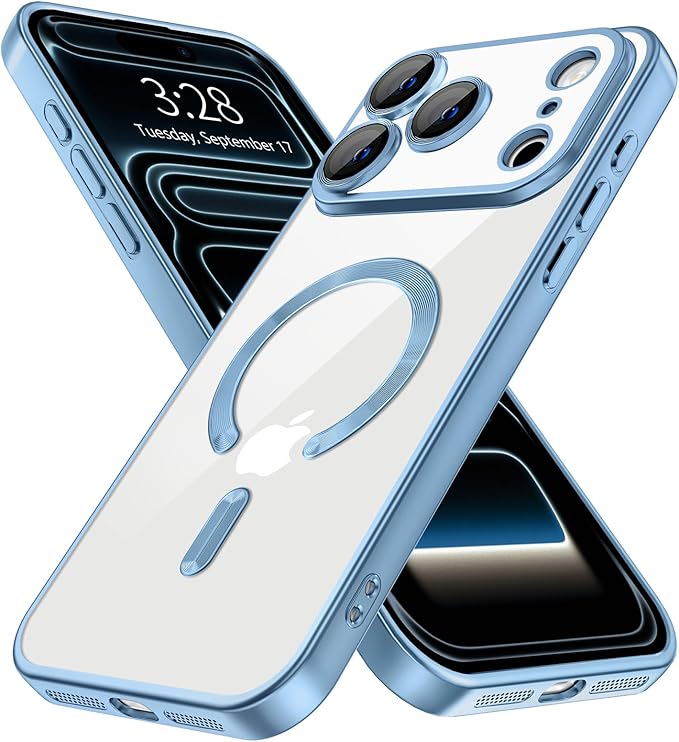Hython Magnetic Clear for iPhone 17 Pro Max Case with Camera Lens Protector [Compatible with MagSafe] Plating Edge Slim Soft TPU Cover Protective Phone Case for 17 Pro Max 6.9", Matte Light Blue