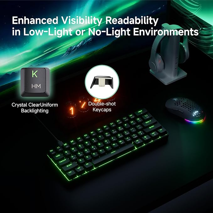 TMKB 60% Mechanical Gaming Keyboard, Red Linear Switch, LED Backlight, Anti-Ghosting, Detachable USB-C, Double-Shot Keycaps, 61 Keys, Wired, Black