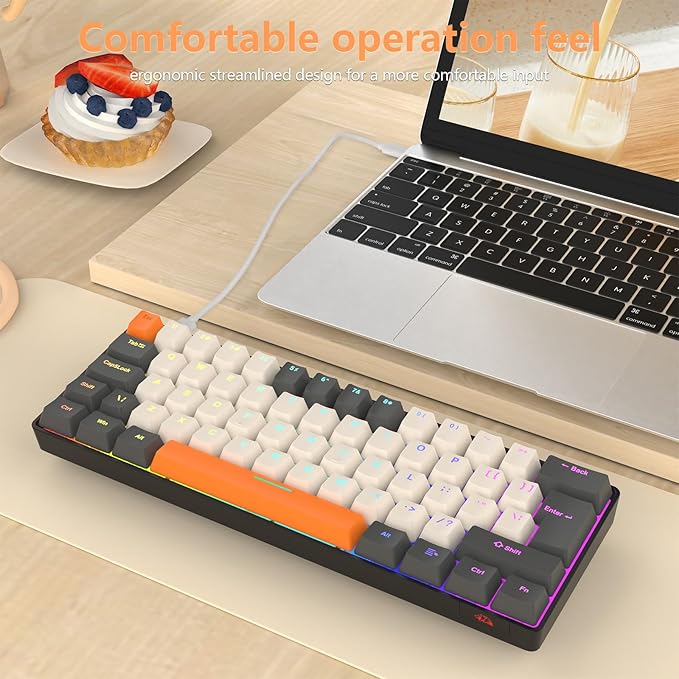 RK-T60 Wired 60% TKL Mechanical Gaming Keyboard Led Rainbow Backlight Ultra-Compact NKRO Linear Red Switch ABS Keycap RGB Honeycomb Mice Coiled Aviator Cable for Windows Laptop PS4/PC/WIN Gamer