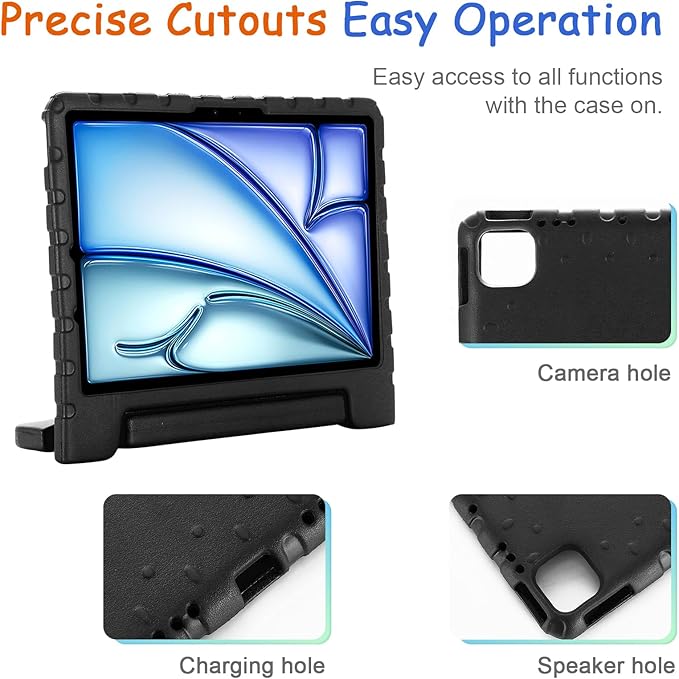 Kids Case for iPad Pro 11" M5/M4 & iPad Air 11" (2026/2025/2024) Shockproof Case with Pencil Holder, Techcircle Light EVA Foam Handle Stand Bumper Protective Child Friendly Drop Proof Cover, Black