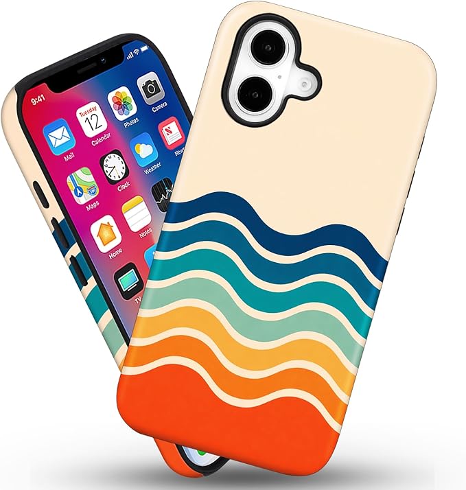 Magnetic for iPhone 16 Case Cute Stripes Phone Case, Shockproof Slim TPU and Hard PC Protective Phone Cover Compatible with MagSafe Designed for Women Girls,Retro Wave