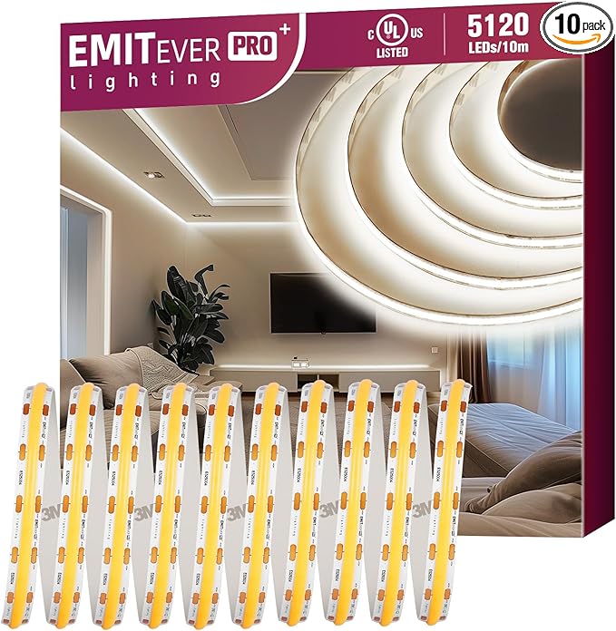 EMITEVER COB LED Strip Lights Neutral White, 4000K Tape Light Premium High Density, DC 24V, 360+Lumens/ft, 5120LEDs/Spool,Ra 90+,32.8ft/10m,UL Listed 5 Year After-Service(Power Supply Sold Separately)