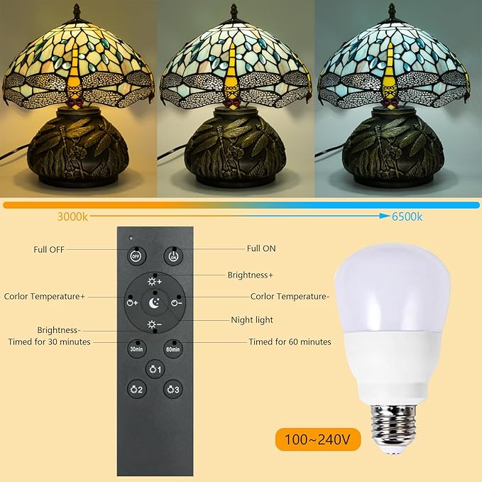 12 Inch Dragonfly Tiffany Lamp with Remote Control, Adjustable Brightness and Color Temperature, E26 Bulb, 9W, Ocean Blue Dragonfly Mushroom Stained Glass Bedside Lamp
