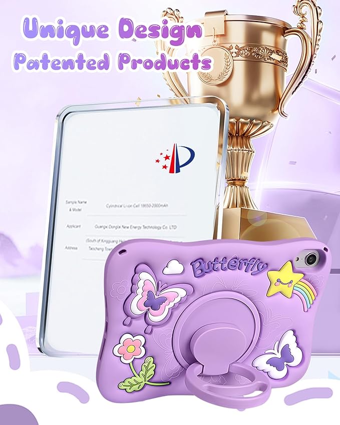 Kidcube for iPad mini 7 Case A17 Pro 2024, for iPad mini 6th Generation Case 8.3 Inch - Girls Cute Kawaii Girly 3D Purple Butterfly Design Cover with Rotating Stand & Strap Unique Silicone Women Case