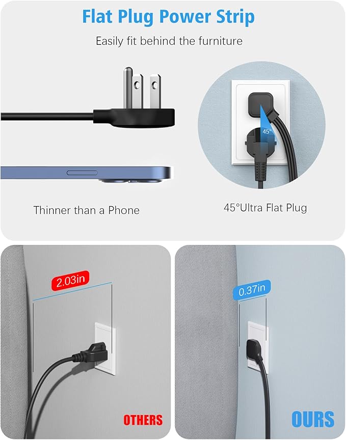 Flat Electrical Outlet Extender with USB C Ports, 4 Outlet 3 USB Wall Plug, 6 ft Ultra Thin Extension Cord, Flat Plug Power Strip Surge Protector for Home, Office. Black