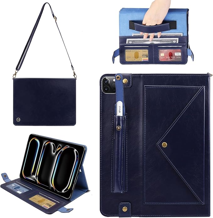 Handbag Case for iPad Pro 11-inch M5 M4 (2025/2024) - Techcircle Folio Stand iPad Crossbody Wallet Case with Pencil Holder, Hand Strap+Shoulder Strap Protective Cover, Navy