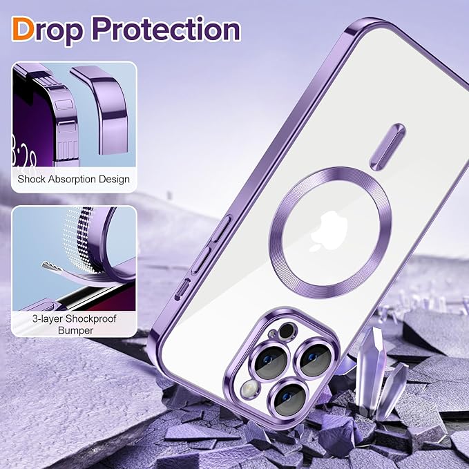 Hython Magnetic Clear for iPhone 13 Pro Case with Camera Lens Protector [Compatible with MagSafe] Luxury Plating Edge Slim Soft TPU Cover Protective Phone Case for iPhone 13 Pro 6.1", Light Purple