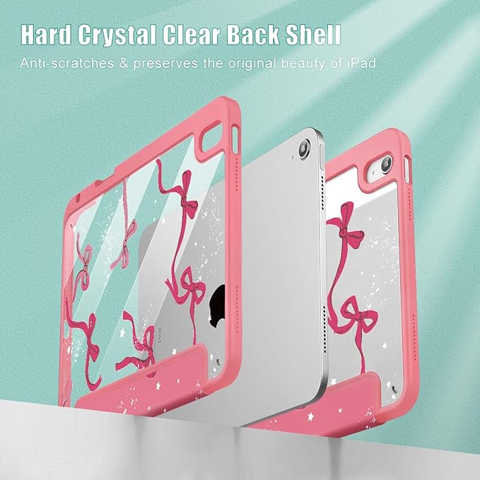 Tuiklol for iPad Pro 11 Inch 4th / 3rd / 2nd / 1st Gen (2022 2021 2020 2018) Case -Built-in Pencil Holder Shockproof Cover Clear Transparent Back Shell with Auto Wake/Sleep, Bow-Watermelon Red