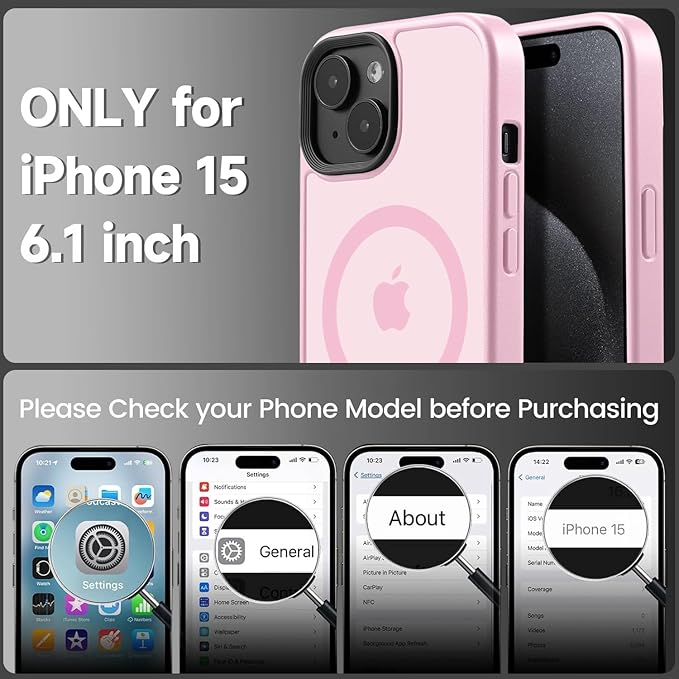 Tigowos for iPhone 15 Phone Case Fits MagSafe 10FT Drop Resistant Matte Skin Feeling Back Cover for iPhone 15 Case，Pink