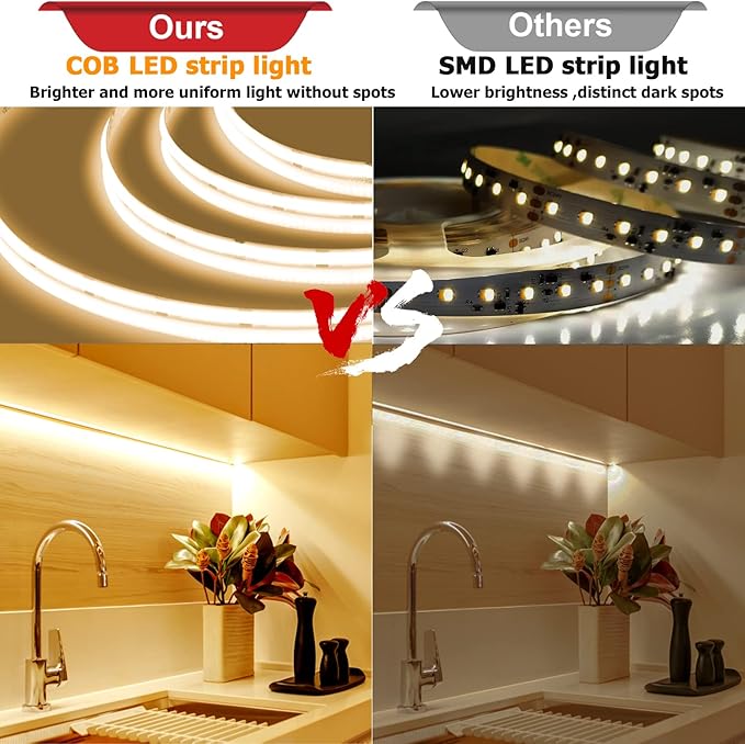 COB LED Strip Lights 9.84ft, White LED Light Strip 6000K, DC24V Tape Light, CRI93+, Bluetooth App Control, Dimmable LED Strips for Bedroom,Cabinet,Living Room.