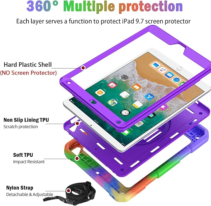 BMOUO Case for iPad 6th/5th Generation Case (9.7 inch, 2018/2017), 360°Rotating Stand, Hand/Shoulder Strap Shockproof iPad 9.7” Case for iPad Air 2, Purple