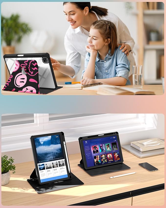 Uppuppy for iPad Pro 12.9 Case Folio Cover with Pencil Holder Women Cute Girls Girly Smile Design Unique Kawaii Fashion Rotating Stand for Apple iPad Pro 12.9 Inch Cases 2022/2021/2020/2018
