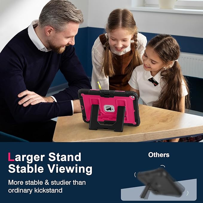 Kids Friendly Case for Apple iPad 10.2" 9th 8th 7th Generation 2021/2020/2019 Case with Pencil Holder & Shoulder Strap, Military Grade Shockproof Kickstand Hard Shell Protective Cover,Black+Rose