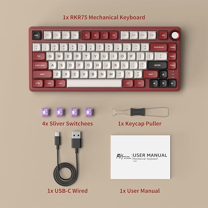 RK ROYAL KLUDGE R75 Mechanical Keyboard Wired with Volume Knob, 75% Keyboard Gasket Mounted, RGB Backlit, Creamy Keyboard with MDA Profile, PBT Keycaps, Hot Swappable Pre-lubed Linear Switch