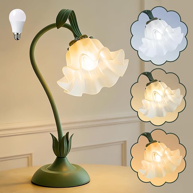 Mothers Day Gifts for Mom, Flower Table Lamp, LED Reading Light 3 Color Modes Bedside Lamps, Vintage Flower Nightstand Lamp Kawaii Table Lamps for Bedroom Living Room Home Decoration(Green lamp)