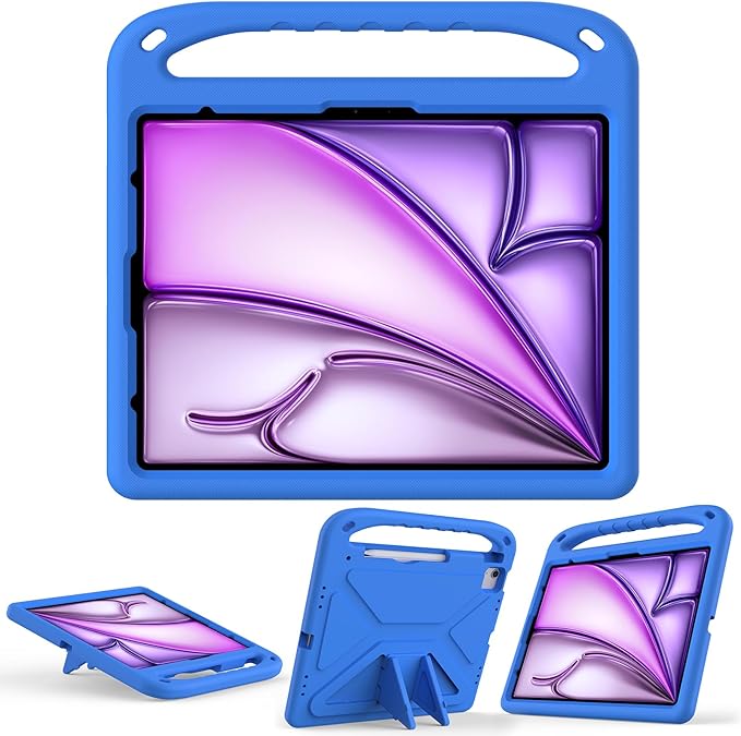 Kids Case for Apple iPad Air 13 inch Tablet M4/M3/M2 (2026/2025/2024) with Pencil Holder, Anti-Slip Handle Slim Lightweight Stand Shockproof Soft EVA Protective Silicone Bumper Cover, Blue