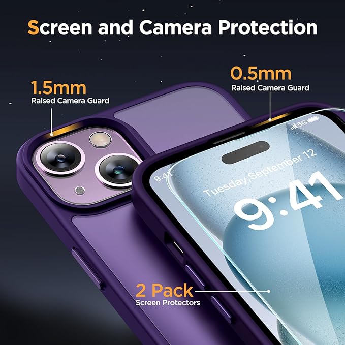 Miracase Magnetic for iPhone 15 Case (Compatible with MagSafe)（with 2X Screen Protectors） Military-Grade Protection, Anti-Fingerprint Translucent Matte Phone Cover for iPhone 15 6.1 inch, Dark Purple