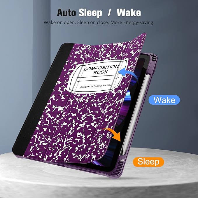 Fintie SlimShell Case for iPad Pro 11-inch (4th / 3rd Generation) 2022/2021 - Soft Flexible TPU Stand Back Cover with Pencil Holder, Also Fit iPad Pro 11" 2nd / 1st Gen, Composition Book Purple