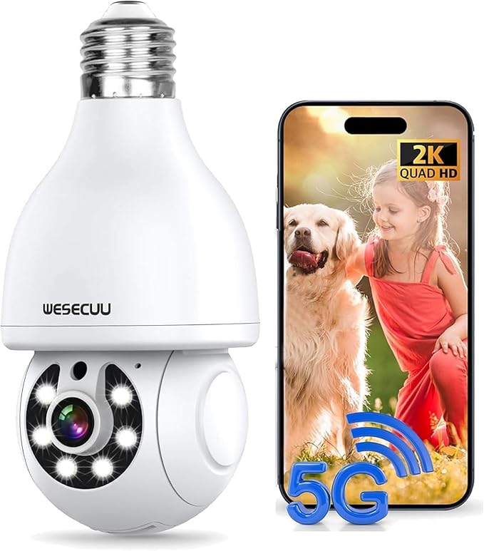 WESECUU Light Bulb Security Camera, 360° WiFi Bulb Camera Indoor/Outdoor, Motion Tracking, AI Detection Alerts, Two-Way Audio, Easy Install, Camera Light Bulb for Home Security (1 Pack)
