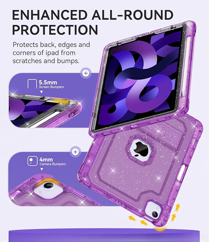 ZoneFoker Case for iPad Air 5th/4th Generation Case (2022/2020) 10.9'', for iPad Pro 11 Inch (4th/3rd/2nd/1st Gen), Hard Sturdy Slim Cover for iPad Air 5 4 th with Pencil Holder/Stand, Purple Glitter