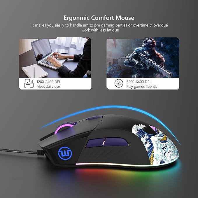 Womier Wired Gaming Mouse,Black RGB Anime Mouse w/Ergonomic Computer 12000DPI/6 Programmable Buttons Programmable Buttons for Laptop PC Mac Windows (G705 V2 Kanagawa)